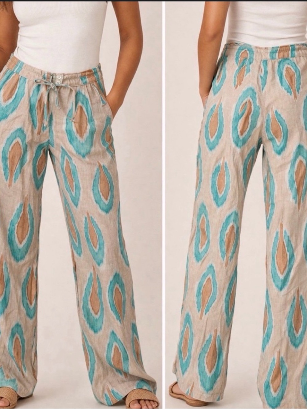 Nimo with Love Ikat Tan Turquoise Coverup Casual Lounge 100% Linen Pants Sz. XS